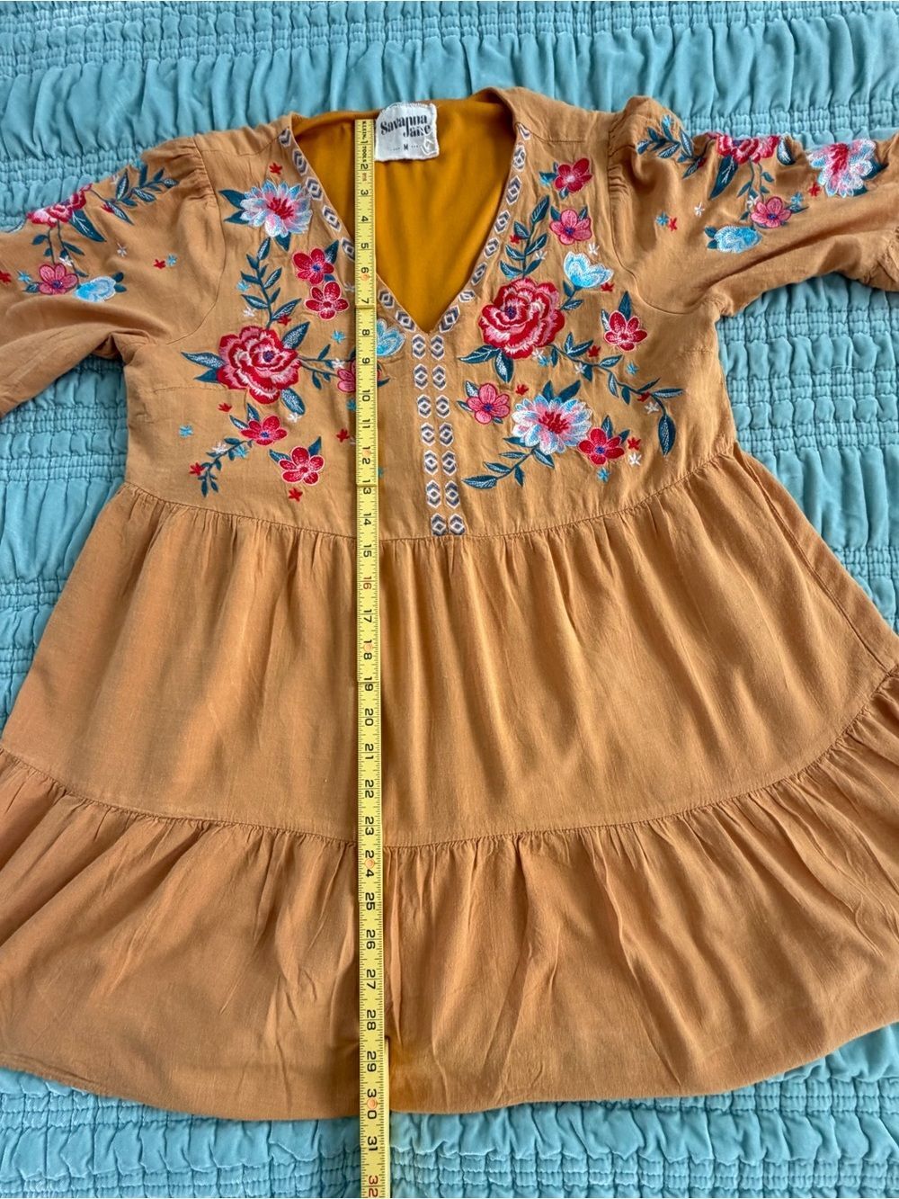 Savanna Jane Mustard Tiered Dress with Multicolor Floral Embroidery-Med - Picture 8 of 10